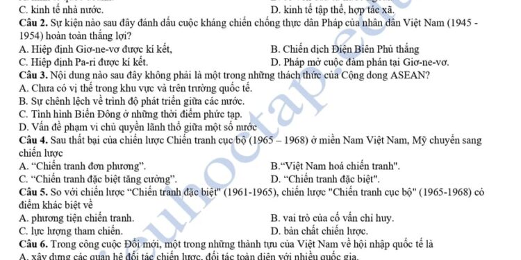 Đề thi thử tốt nghiệp môn sử Bạc Liêu 2025 lần 2 có đáp án