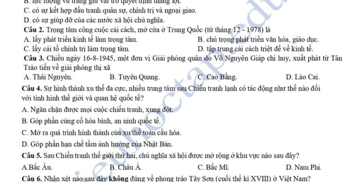 Đề thi thử tốt nghiệp môn lịch sử Tuyên Quang 2025 lần 2