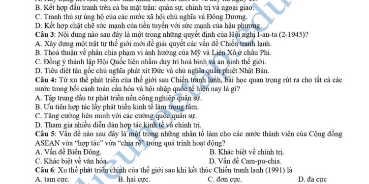 Đề thi thử tốt nghiệp môn lịch sử Tây Ninh 2025