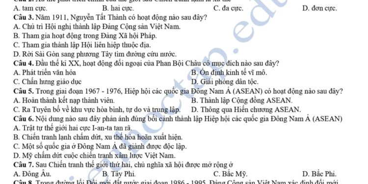 Đề thi thử tốt nghiệp môn lịch sử Thái Nguyên 2025 có đáp án
