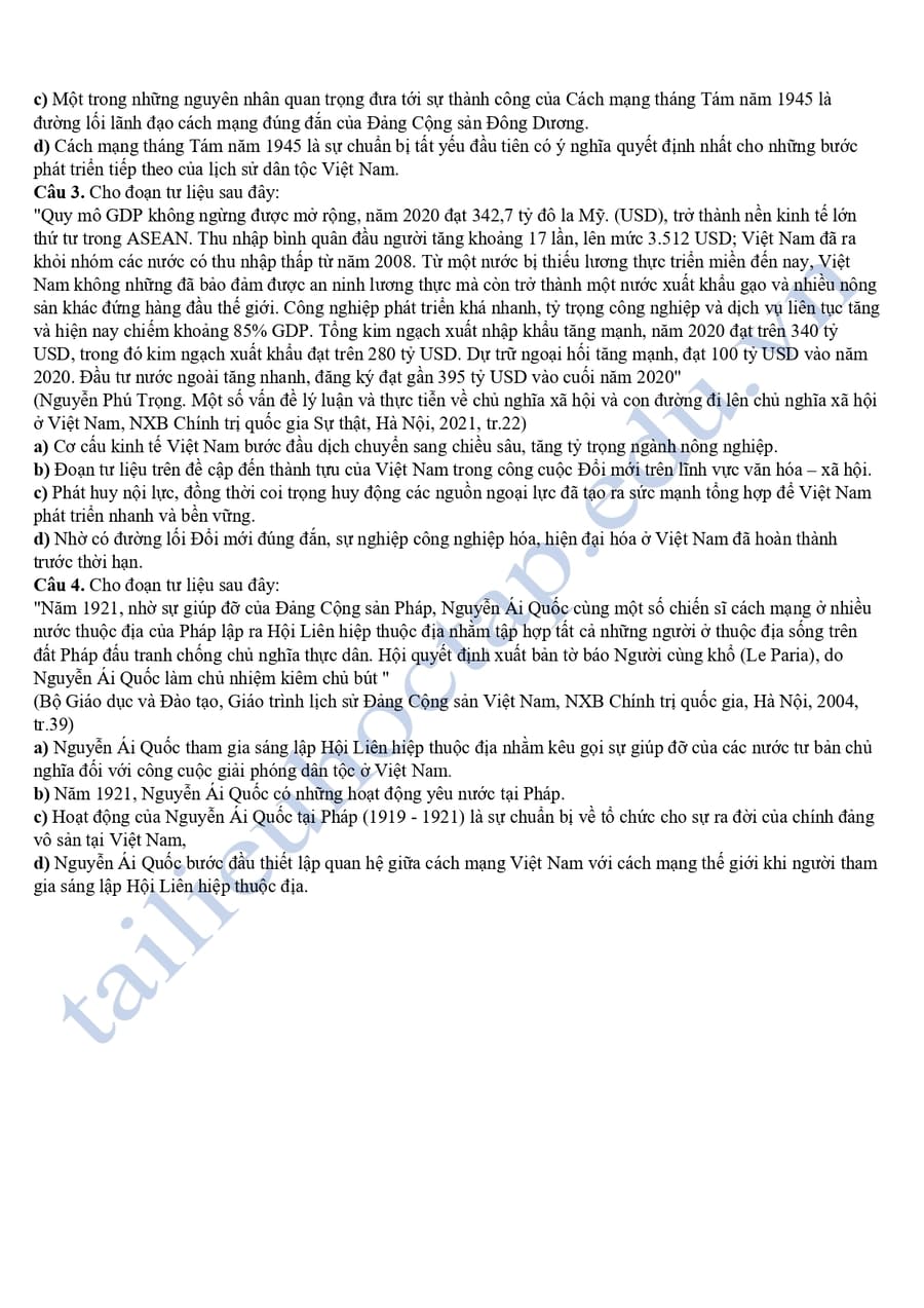 Đề thi thử tốt nghiệp môn lịch sử Thái Nguyên 2025 4