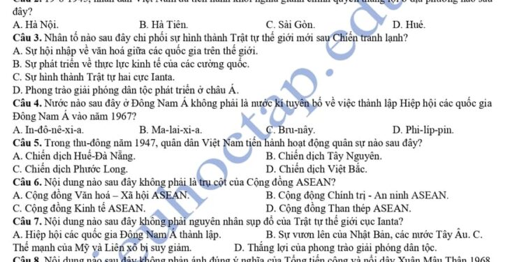 Đề thi thử tốt nghiệp môn sử THPT Số 1 2025 có đáp án