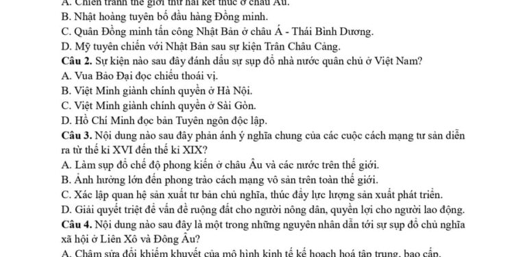 Đề minh hoạ thi độc lập môn lịch sử Đại học Sư Phạm Hà Nội 2 2025