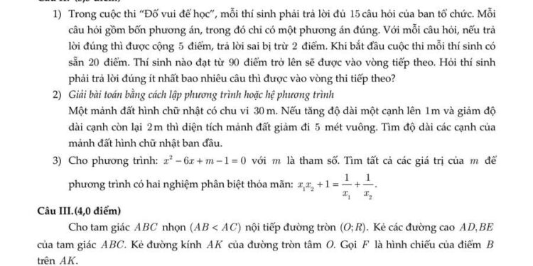 Đề thi toán giữa HK2 lớp 9 THCS Cầu Giấy 2025 có đáp án