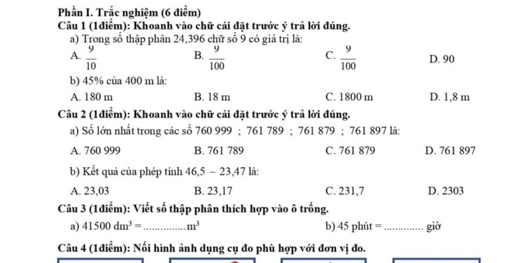 Đề thi toán cuối HK2 lớp 5 trường TH Trường Xuân 1 2025