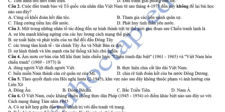 Đề thi giữa HK2 lịch sử 12 chuyên Lê Hồng Phong 2025