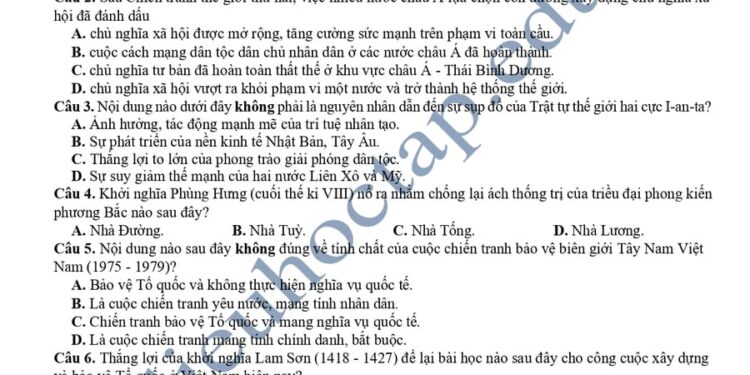 Đề thi thử lịch sử THPT tỉnh Hải Dương 2025 lần 2