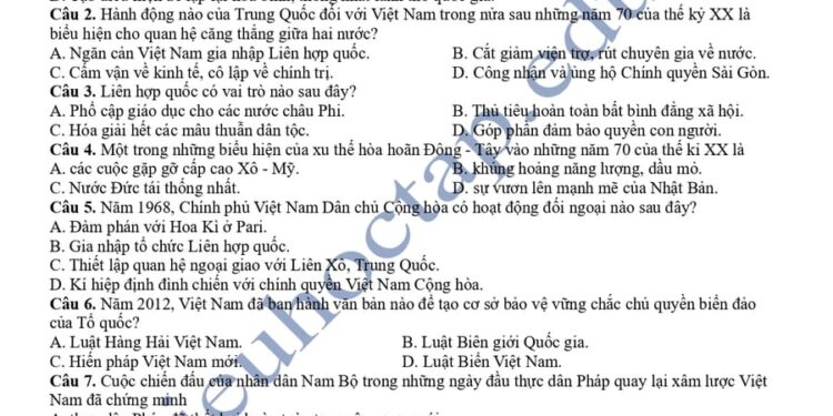 Đề thi thử tốt nghiệp môn lịch sử tỉnh Hậu Giang 2025 lần 1