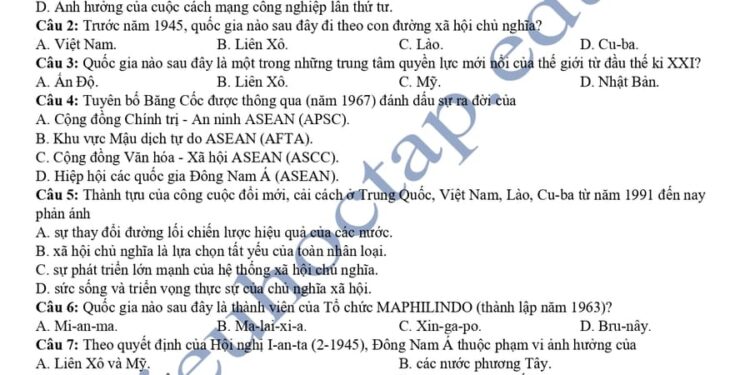 Đề thi khảo sát lớp 12 môn sử tỉnh Phú Thọ 2025 lần 2