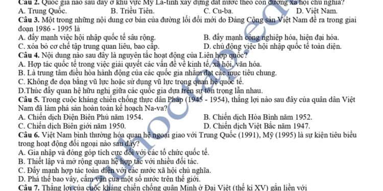Đề thi thử tốt nghiệp môn sử tỉnh Cao Bằng 2025 có đáp án