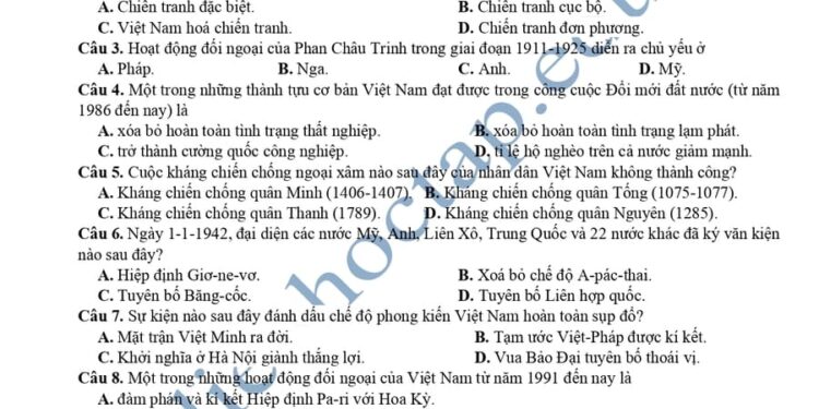 Đề thi thử lịch sử THPTQG 2025 tỉnh Nghệ An lần 1