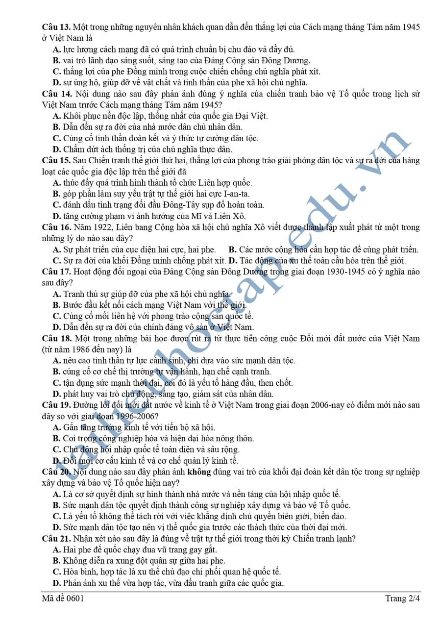Đề thi thử lịch sử THPTQG 2025 tỉnh Nghệ An lần 1 2