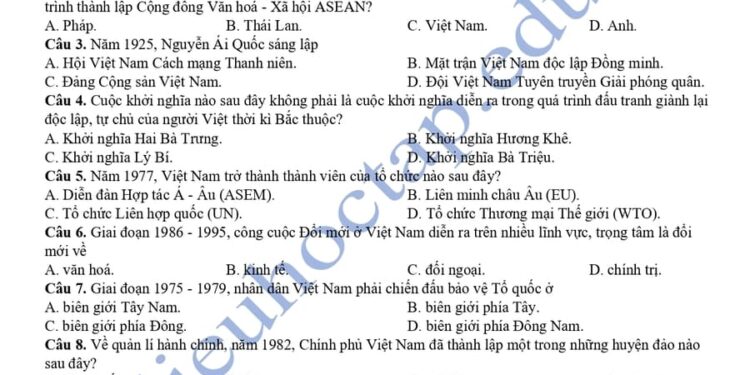 Đề thi thử tốt nghiệp môn sử tỉnh Sóc Trăng 2025 có đáp án