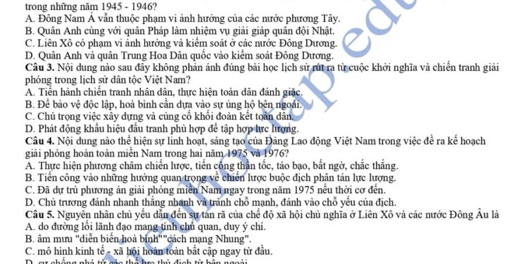 Đề thi thử lịch sử tỉnh Sơn Lan 2025 lần thứ 1 có đáp án
