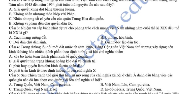 Đề thi khảo sát môn sử tỉnh Thái Bình 2025 có đáp án