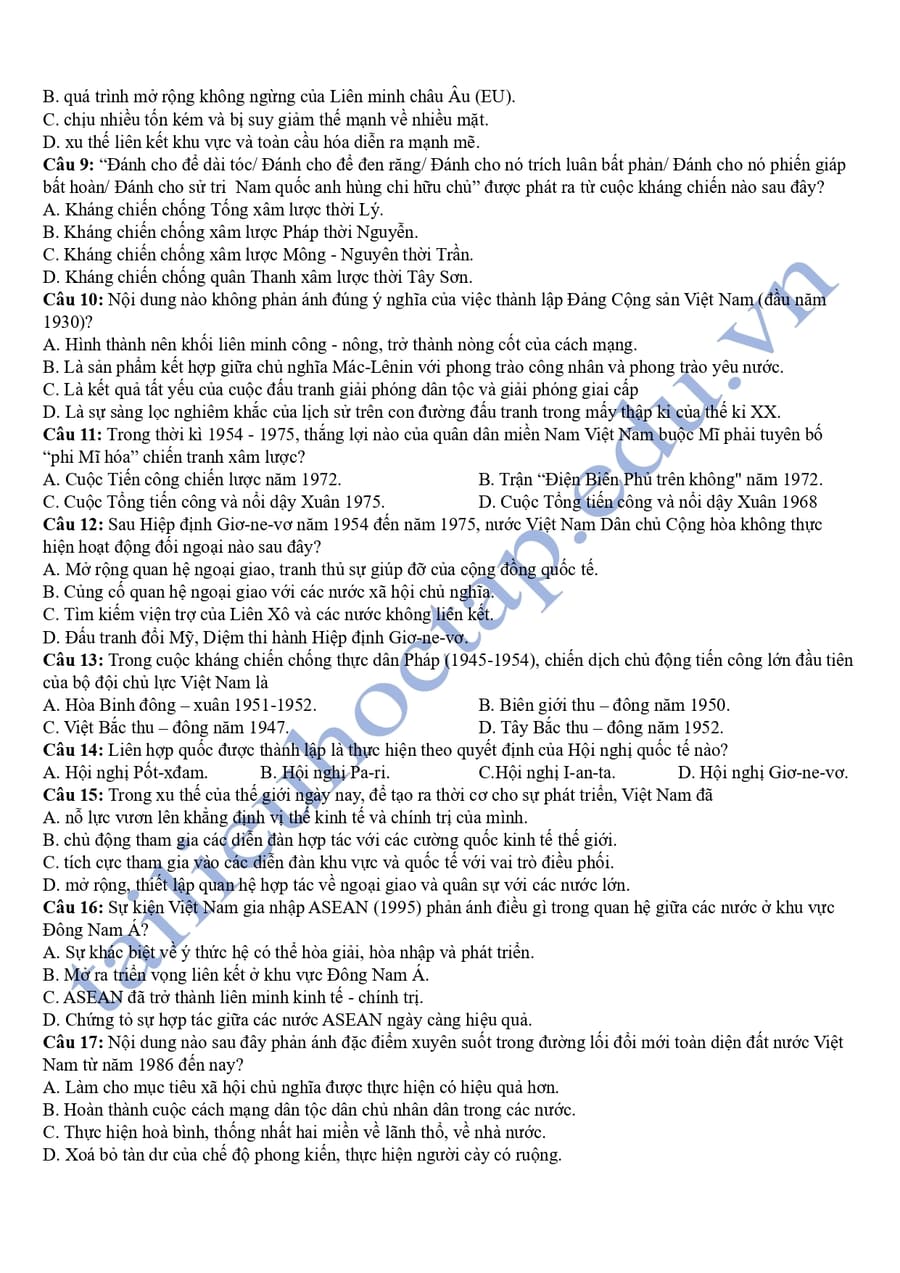 Đề thi khảo sát môn sử tỉnh Thái Bình 2025  2
