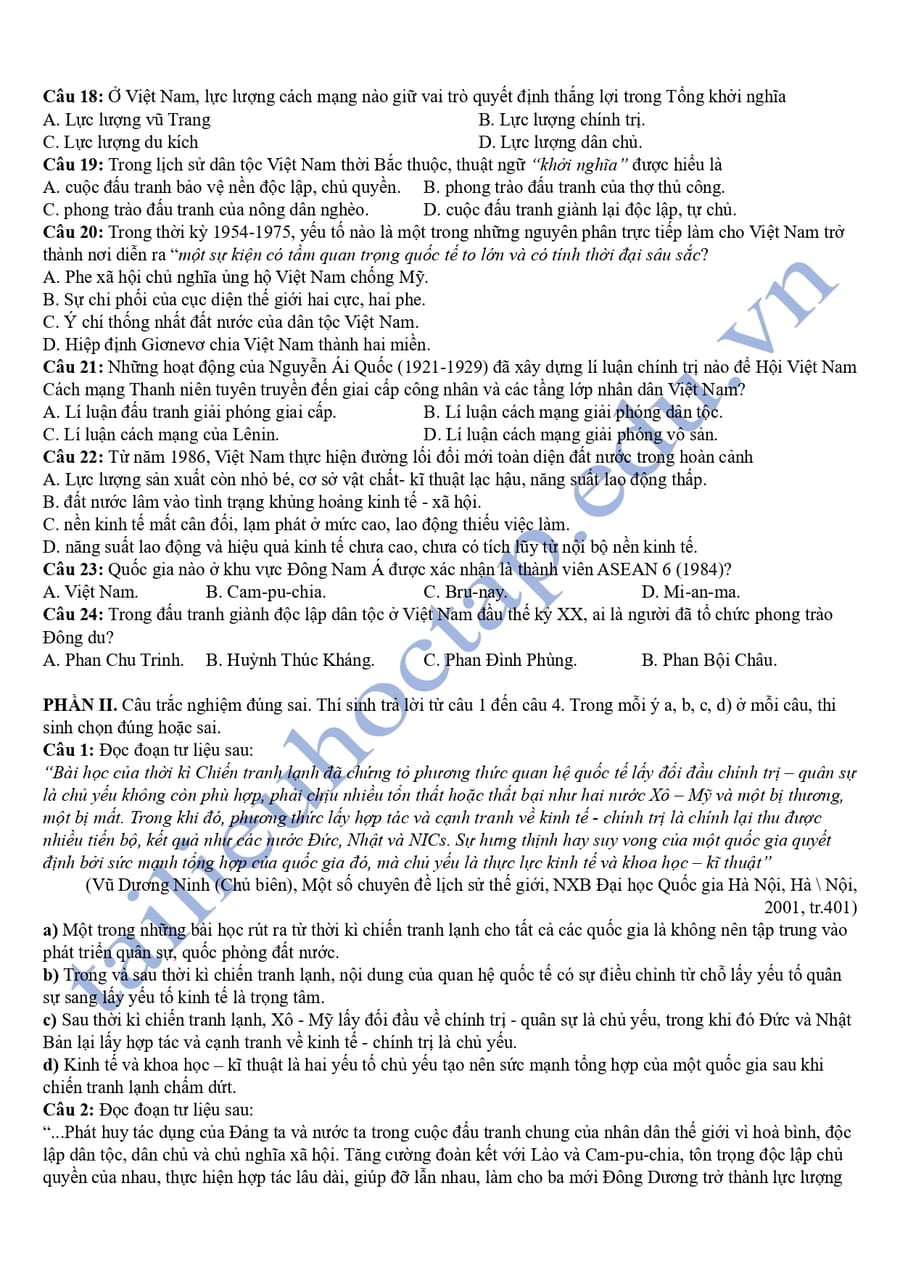 Đề thi khảo sát môn sử tỉnh Thái Bình 2025 3