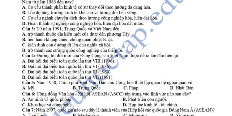 Đề thi thử tốt nghiệp môn sử 2025 tỉnh Hà Tĩnh lần 2
