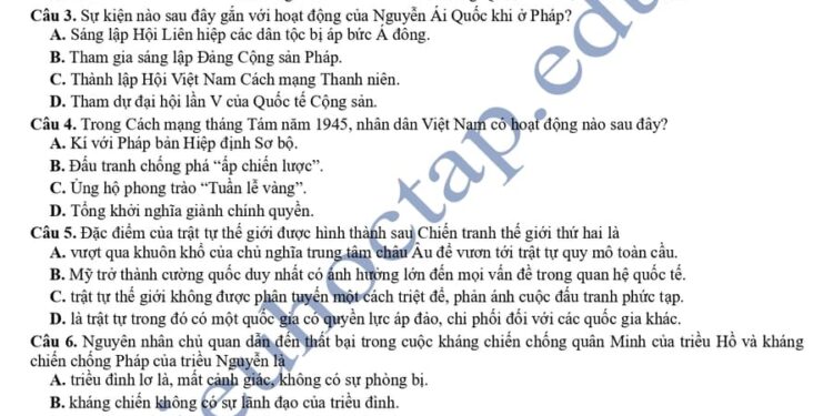Đề thi khảo sát lớp 12 môn sử Hải Phòng 2025 có đáp án
