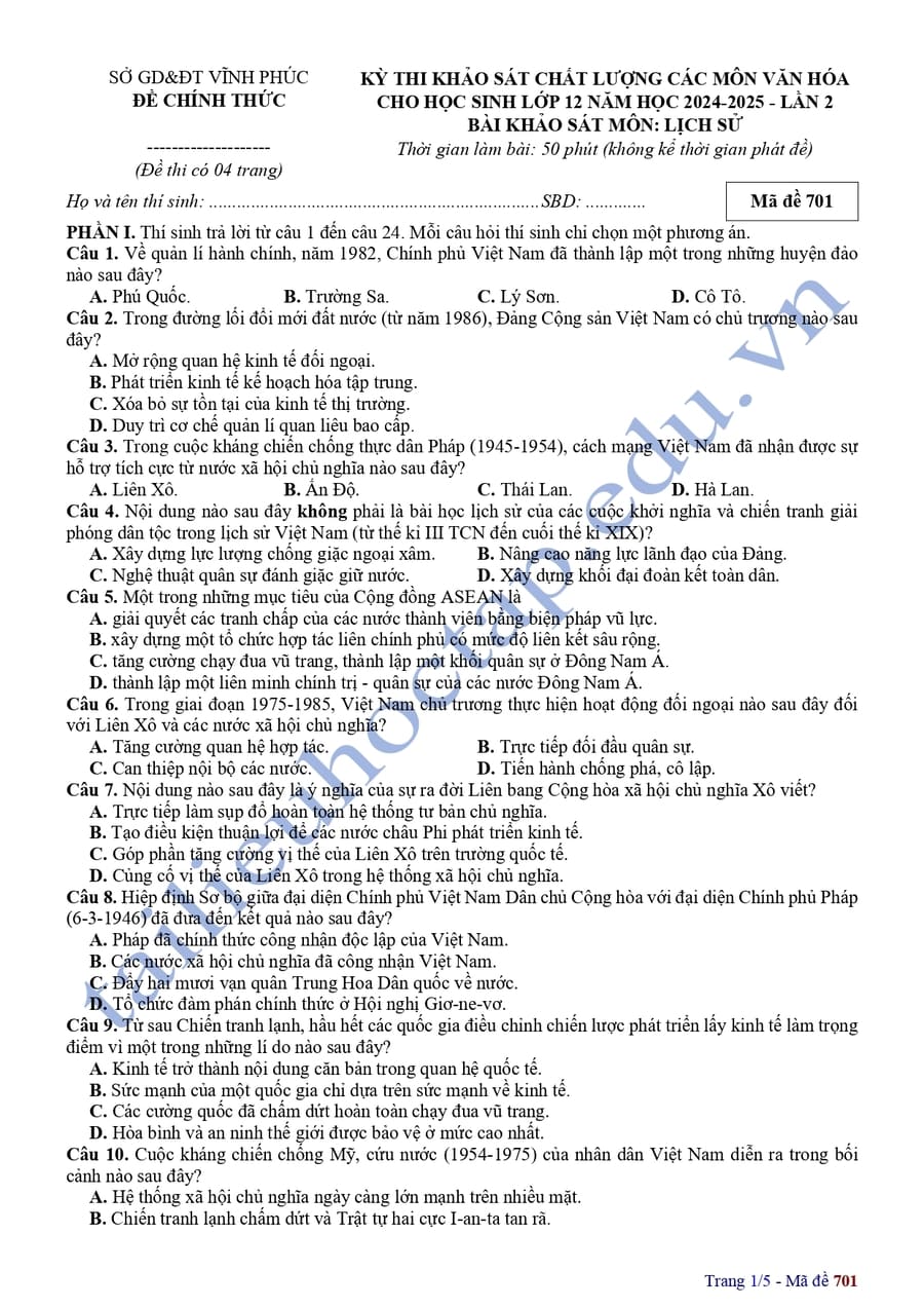 Đề thi thử tốt nghiệp lịch sử Vĩnh Phúc 2025 lần 2