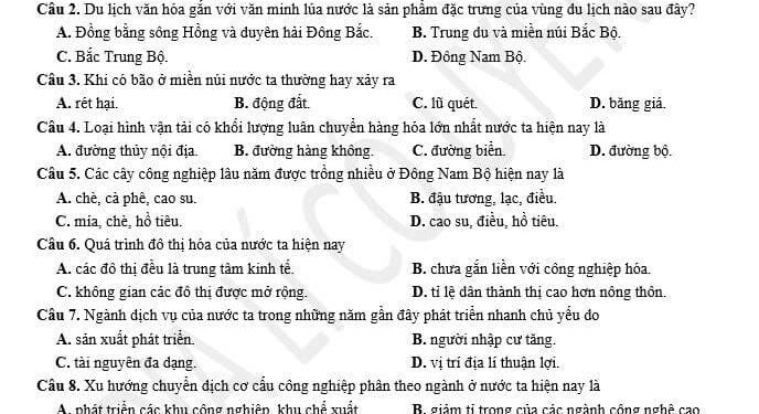 Đề thi cuối học kì 2 lớp 12 môn địa Nam Định 2025