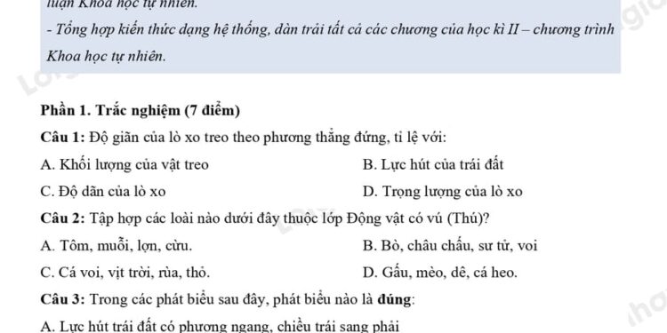 Đề thi khoa học tự nhiên lớp 6 học kì 2 đề số 1 có đáp án