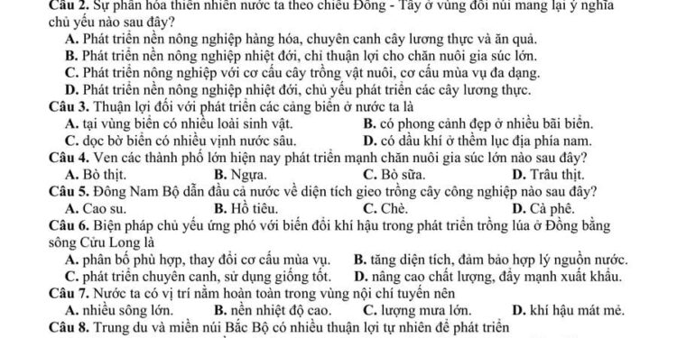 Đề thi thử tốt nghiệp môn địa lí Hải Phòng 2025 có đáp án