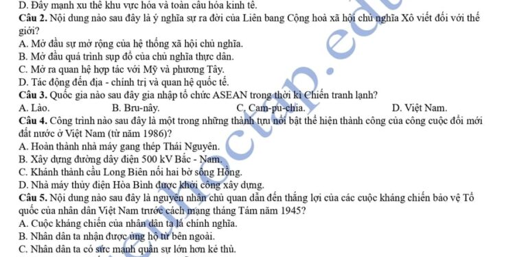 Đề thi thử tốt nghiệp môn lịch sử tỉnh Bắc Giang 2025 lần 2