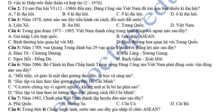 Đề thi thử tốt nghiệp môn sử Đà Nẵng 2025 có đáp án