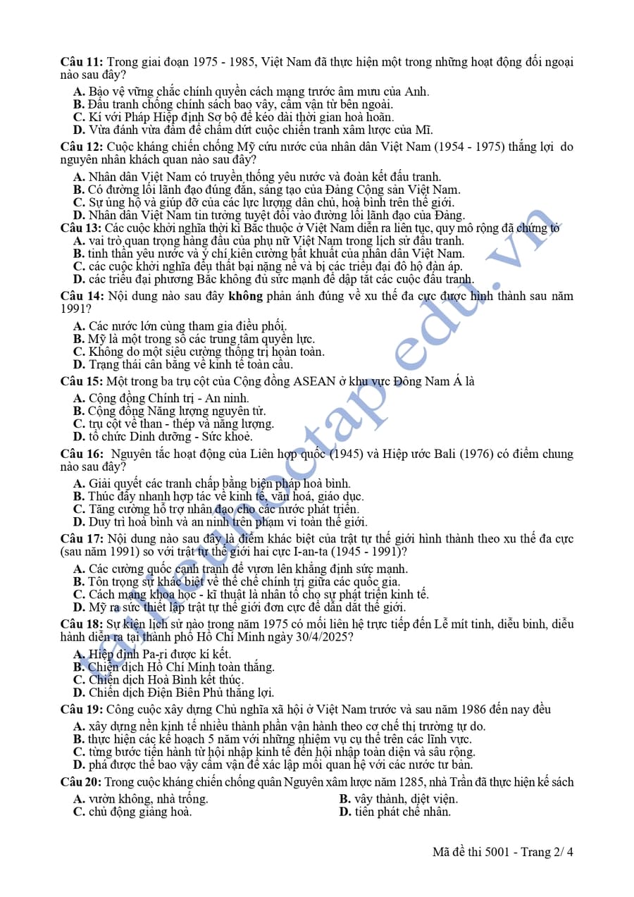 Đề thi thử tốt nghiệp môn sử Hải Dương 2025 lần 3 có đáp án 2