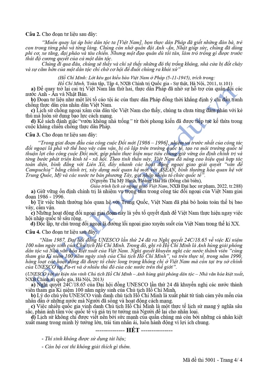 Đề thi thử tốt nghiệp môn sử Hải Dương 2025 lần 3 có đáp án 4