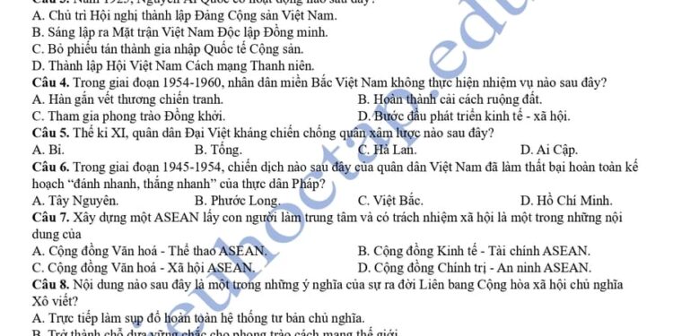Đề thi thử tốt nghiệp môn lịch sử Kiên Giang 2025 có đáp án