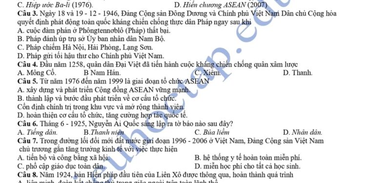 Đề thi khảo sát môn sử lớp 12 tỉnh Ninh Bình 2025 lần 3