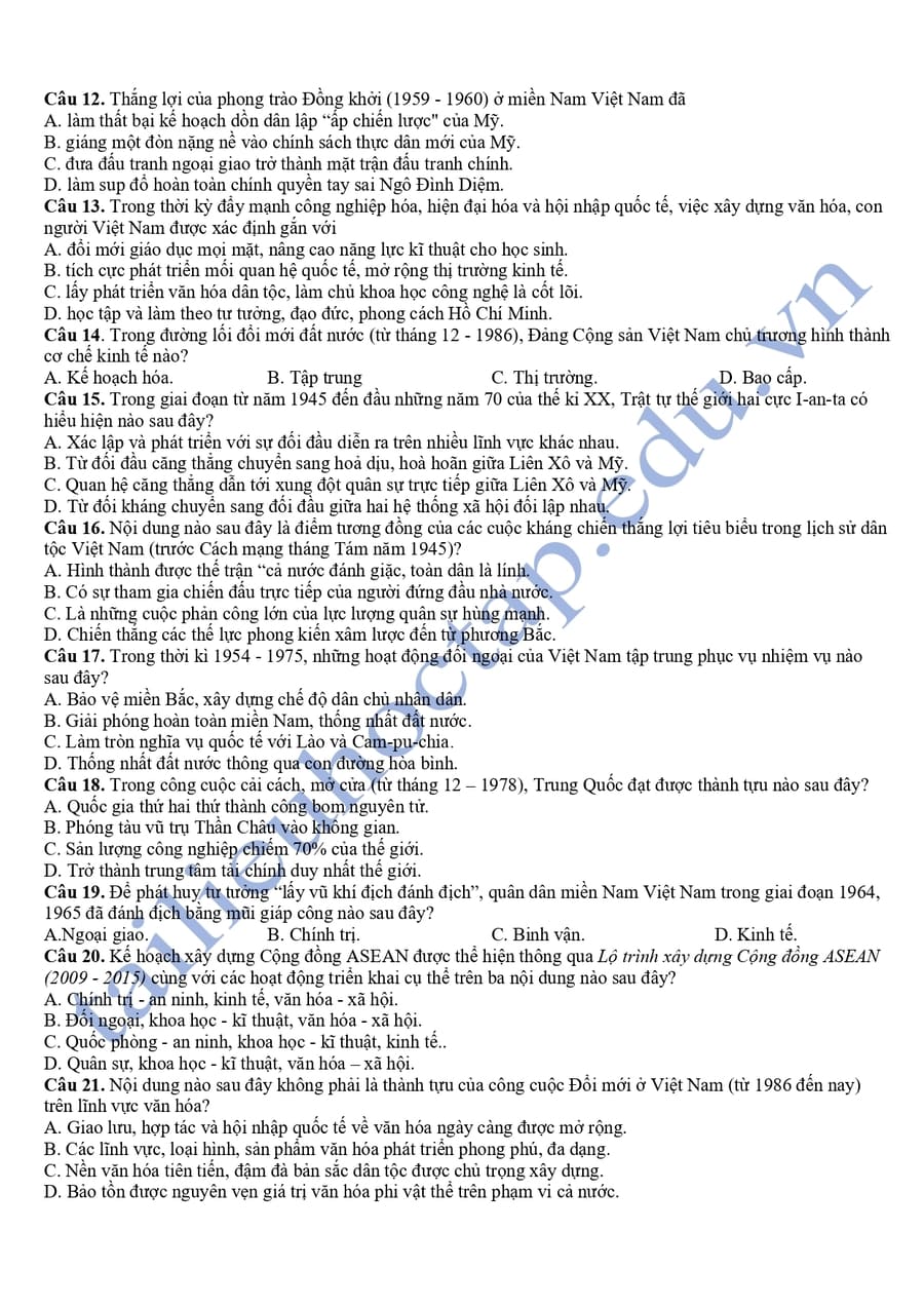 Đề thi khảo sát môn sử lớp 12 tỉnh Ninh Bình 2025 lần 3 2