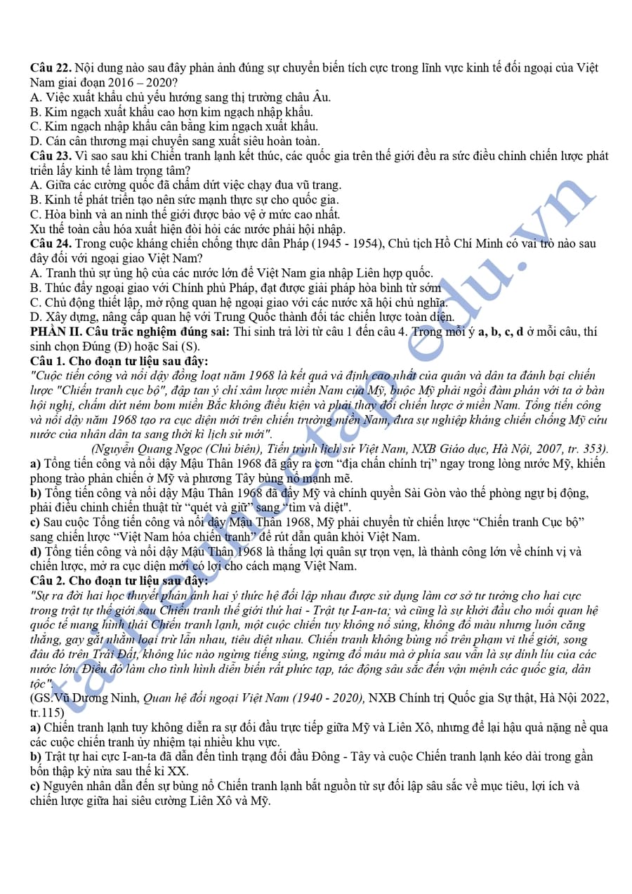 Đề thi khảo sát môn sử lớp 12 tỉnh Ninh Bình 2025 lần 3 3