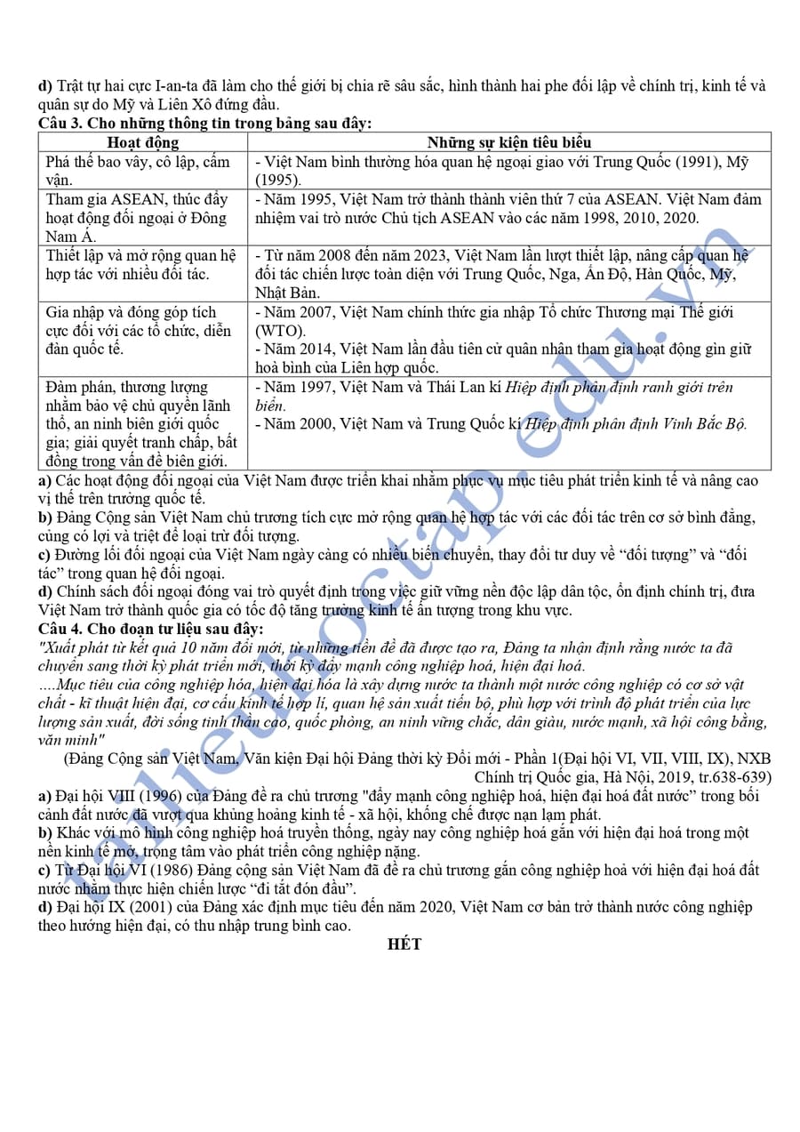 Đề thi khảo sát môn sử lớp 12 tỉnh Ninh Bình 2025 lần 3 4
