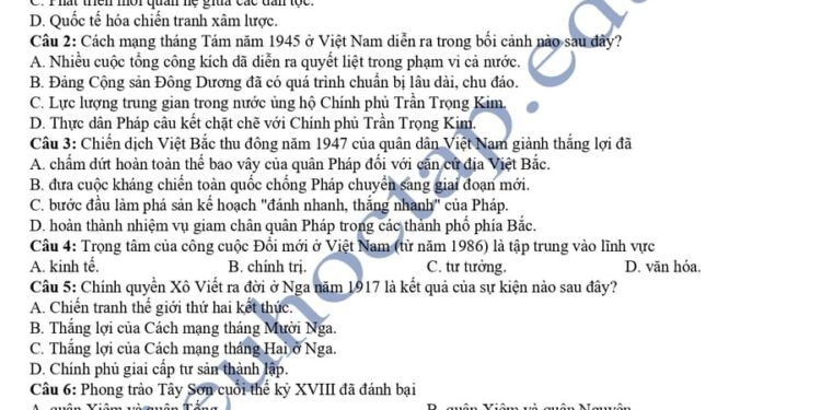 Đề thi thử tốt nghiệp môn sử tỉnh Quảng Nam 2025 có đáp án