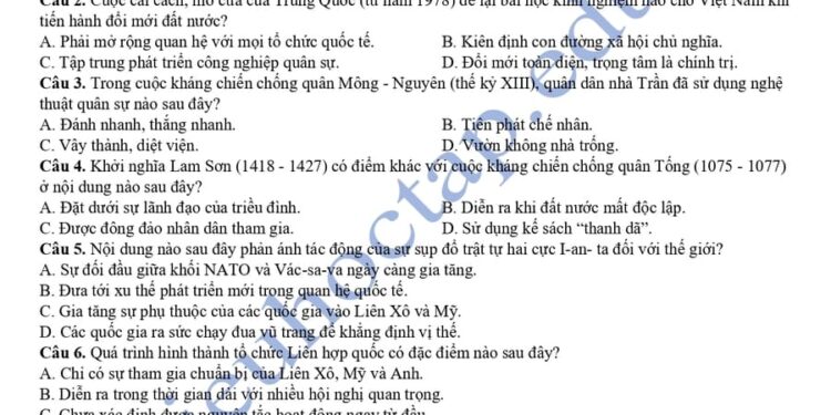 Đề thi thử lịch sử THPTQG tỉnh Quảng Ninh 2025 có đáp án