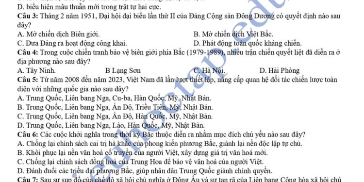 Đề thi khảo sát môn lịch sử Thái Bình 2025 lần 2 có đáp án