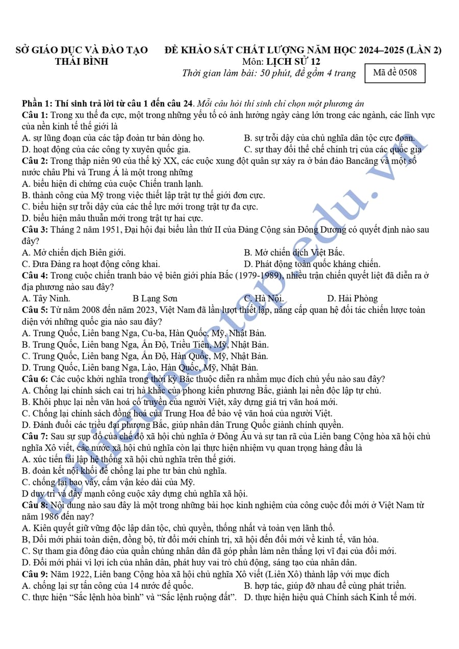 Đề thi khảo sát môn lịch sử Thái Bình 2025 lần 2 
