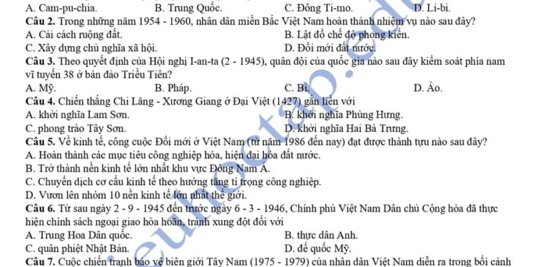Đề thi thử tốt nghiệp môn sử tỉnh Thái Nguyên 2025 lần 2
