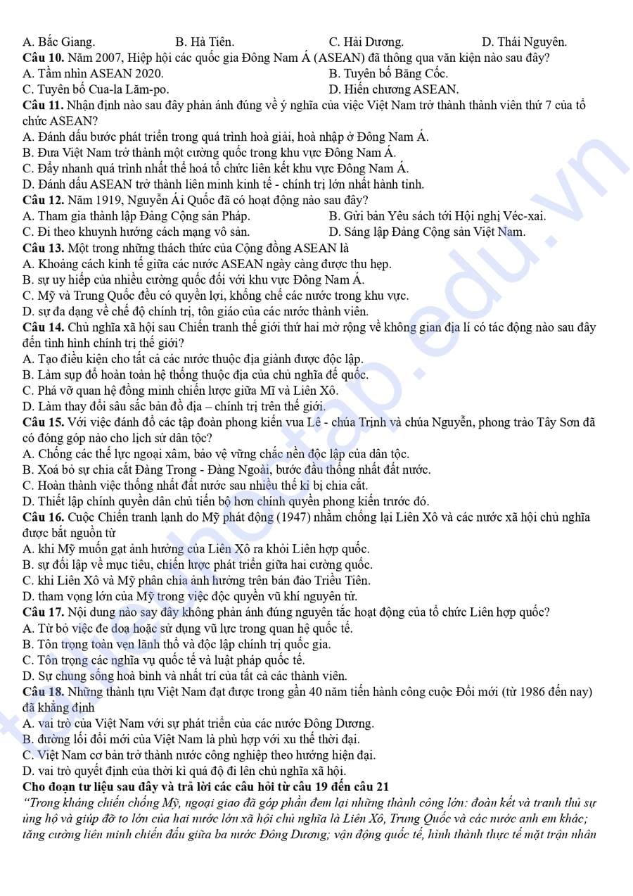 Đề thi thử tốt nghiệp môn sử tỉnh Tiền Giang 2025 2