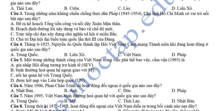 Đề kiểm tra HK2 lịch sử lớp 12 Vĩnh Long 2025 có đáp án