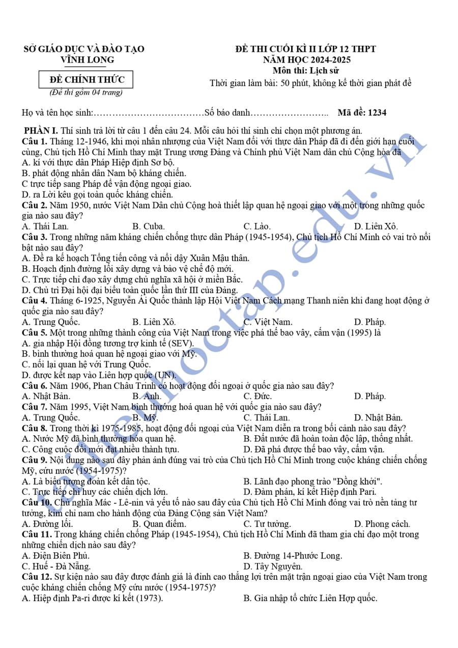 Đề kiểm tra HK2 lịch sử lớp 12 Vĩnh Long 2025
