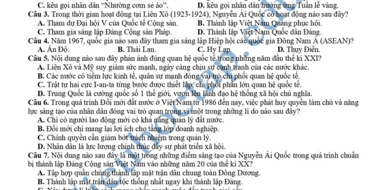 Đề thi khảo sát chất lượng môn sử Vĩnh Phúc 2025 lần 3