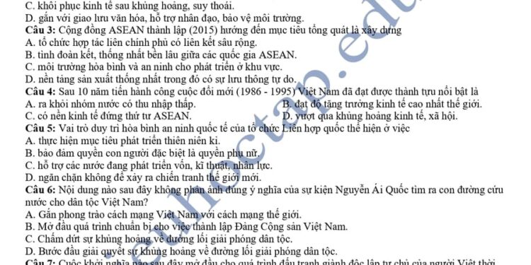 Đề kiểm tra HK2 lớp 12 môn sử tỉnh Hà Nam 2025 có đáp án