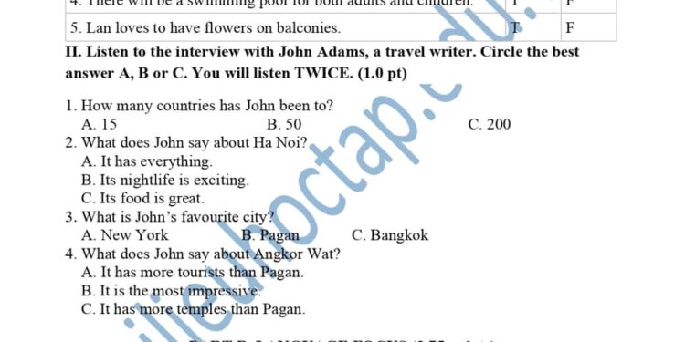 Đề thi tiếng Anh học kì 2 lớp 6 THCS Giao An 2024 