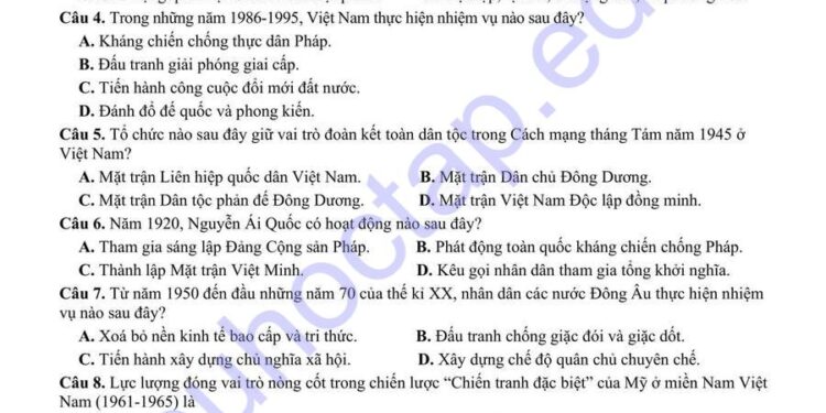 Đề thi thử tốt nghiệp môn lịch sử Hậu Giang 2025 lần 2