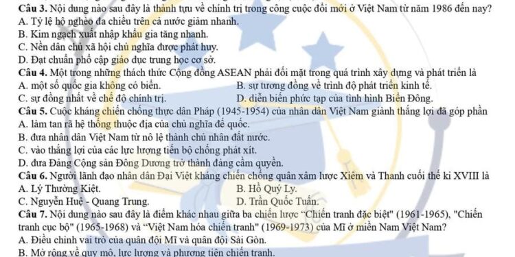 Đề thi thử tốt nghiệp môn sử chuyên Phan Bội Châu 2025 lần 2