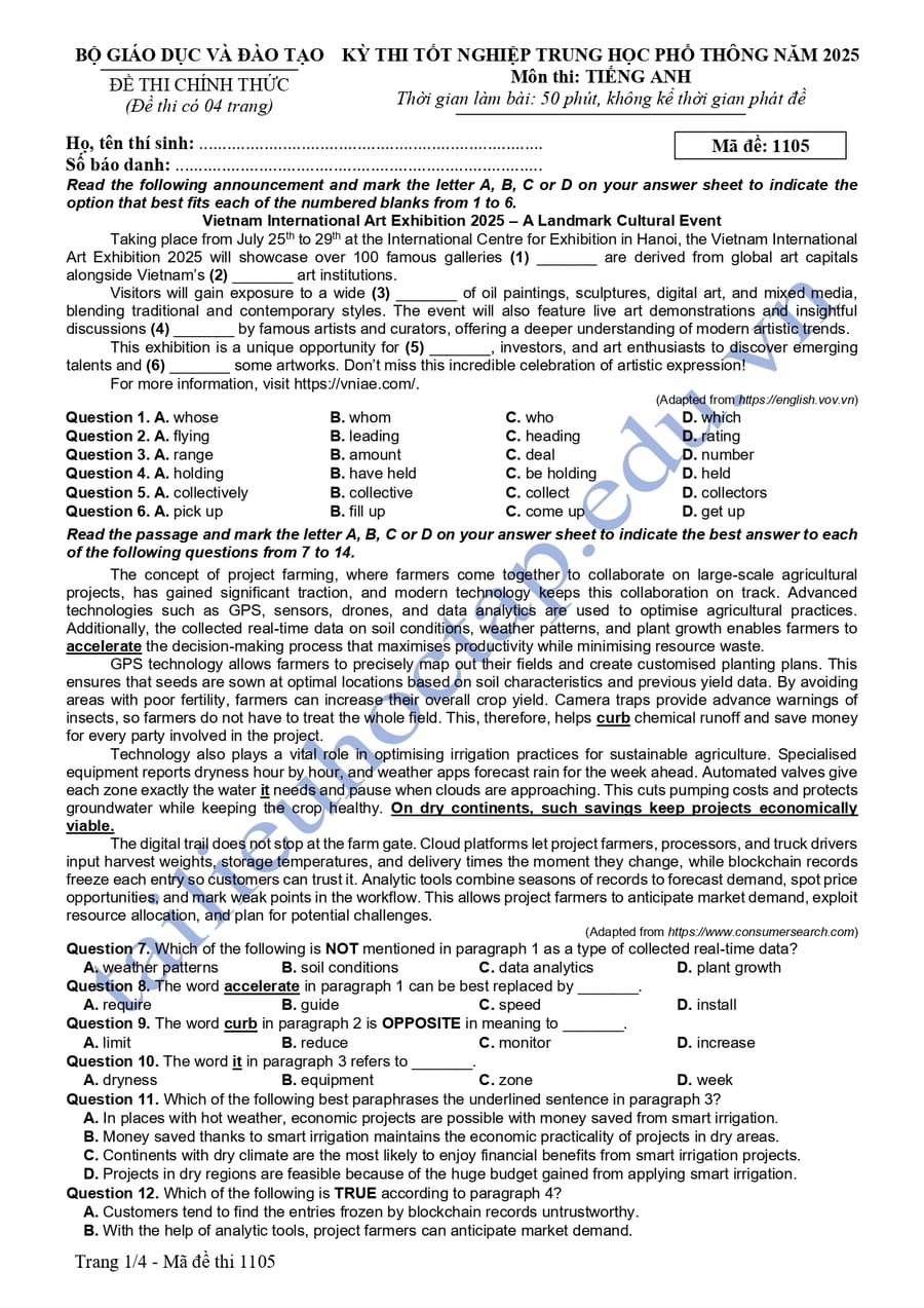 Đề thi tiếng Anh THPT quốc gia 2025 chính thức